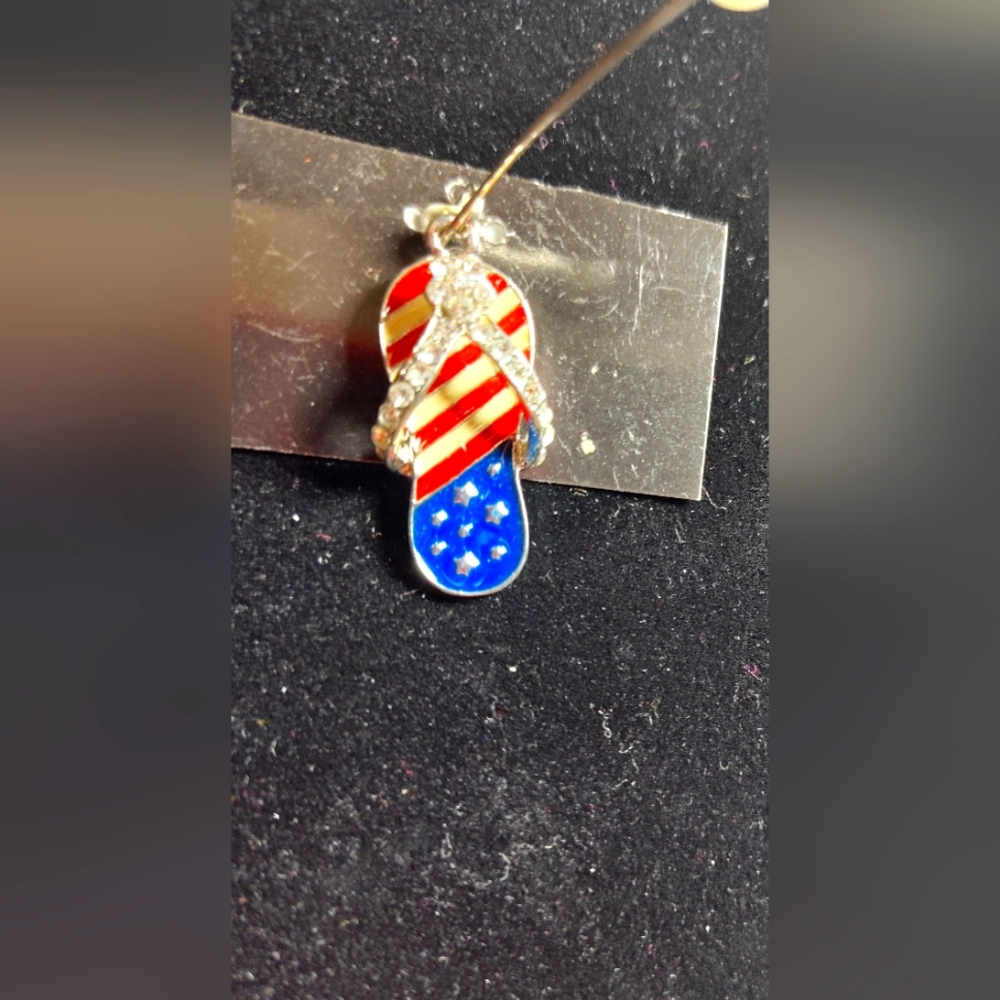 Patriotic 4th Of July Enameled Flip Flop Crystal bling Pendant Charm